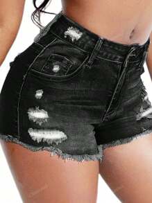 Edgy Mid-Rise Slim-Fit Stretch Shorts – Distressed & Frayed Hem For Look
