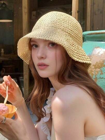 1 szt. Modny damski kapelusz słomkowy, klasyczny kapelusz ze słomy, odpowiedni na plażę, osłonę przeciwsłoneczną, podróże na świeżym powietrzu, uniwersalny kapelusz typu bucket, prezent na co dzień