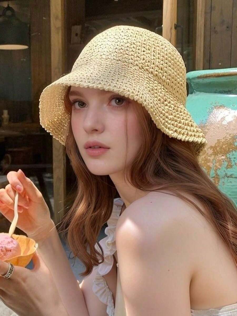 1 件女士时尚草帽，经典草编帽，适合海滩、遮阳、户外旅行、多功能渔夫帽，日常生活礼品