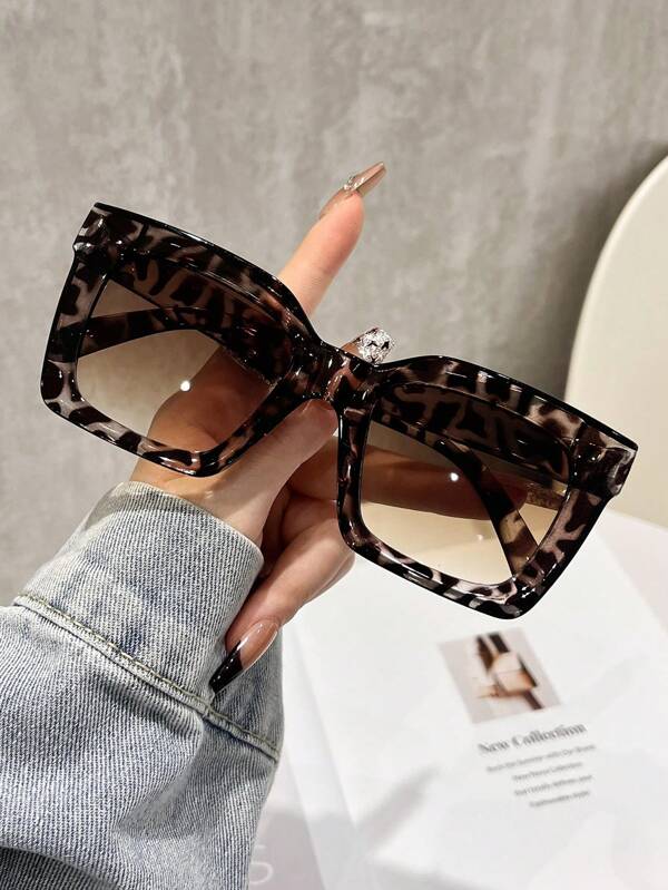 1 buc Ochelari de soare supradimensionați din plastic cu imprimeu leopard pentru femei, potriviți pentru purtarea de zi cu zi, nuanțe de leopard cu model de carapace de broască țestoasă, stil boem, ramă pătrată supradimensionată pentru vacanță, plajă, călătorii