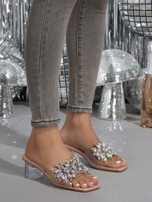 时尚女士水钻透明一脚蹬优雅细高跟凉鞋，舒适透明水晶方头鞋跟，适合旅行、度假、海滩、波西米亚风格 - 粉色 - 查看 2