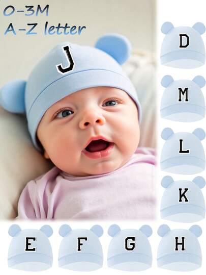 1顶婴儿卡通熊耳新生儿帽，26个字母，柔软男女宝宝帽，纯色针织帽，适合婴儿摄影，0-3个月