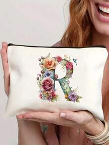 26-Letter Floral Alphabet Canvas Pouch - Lightweight Foldable Cosmetic Bag With Zipper Closure, Machine-Washable White Toiletry & Pen Case For Women, Mothers, Daughters - Perfect Graduation, Wedding, Holiday Gift
