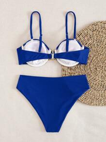 Nuevo y elegante traje de baño de 2 piezas de estilo europeo y americano, color rojo vino, minimalista y sexy, con aros, push-up y decoración metálica en forma de estrella de mar