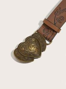 2pcs Unisex Heart Print & Solid Color Western Style Vintage PU Leather Belt, Suitable For All Seasons Fall, Autumn, Halloween