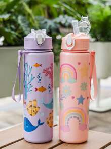 1pc, 750ml/23OZ Plastic Water Bottle With Straw & Rope, Portable, Multiple Designs, Suitable For Outdoor Sports, Cycling, Travel, Camping, Holiday Gifts, Etc.