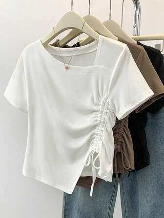 夏季新款休闲不对称设计抽绳短袖T恤