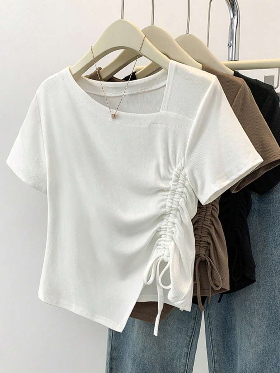 夏季新款休闲不对称设计抽绳短袖T恤 - 白色 - 查看 1