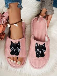 Cat Embroidered Plush Open-Toe Slippers For Women, Cute & Fashionable Indoor Slippers, Comfortable Breathable Fit For All Seasons, Suitable For Home, Bedroom, Living Room, Dorm