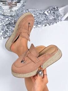 Women's Jute Rope Platform Soles Bohemian Beach Slip-On Sandals, Comfortable & Lightweight, Suitable For All Seasons - Apricot - View 2