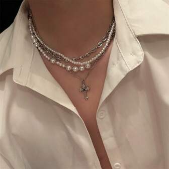 1pc Cross Pendant Necklace With Diamond And Cultured Pearls, Multi-Layer Pearl Necklace For Elegant Style