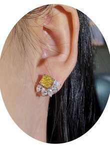 1 对奢华黄色方晶锆石耳钉，适合女士婚礼订婚周年派对珠宝情人节礼物 - 銀色 - 查看 5