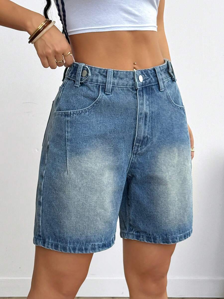 Pantalones cortos de mezclilla de pierna recta para damas con diseño exclusivo, piernas sueltas y anchas, pantalones de largo medio de cinco cuartos - Azul - Ver 1