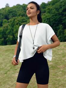 Womens Casual Sexy Short Batwing Sleeve Backless Round Neck Cotton Blends T-Shirt, Regular Hem Style With Slight Stretch Fabric - 白色 - 查看 3