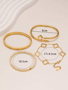 Bộ vòng tay & vòng tay bằng thép không gỉ hình cỏ ba lá 4 lá bằng đá Zirconia, thích hợp để đeo hàng ngày, trang sức cho phụ nữ, hoàn hảo làm quà tặng đám cưới và những dịp đặc biệt - Vàng - Xem 8