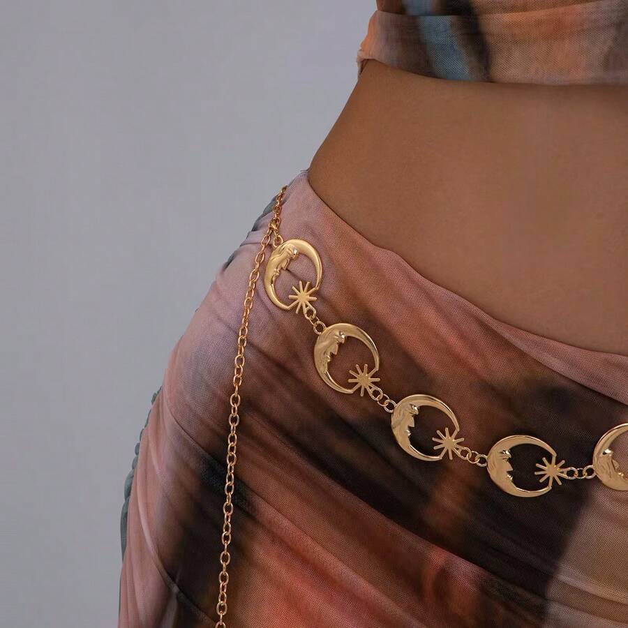 1 pieza Cadena para la cintura metálica de mujer, cinturón versátil con decoración lunar, cinturón metálico de varias capas