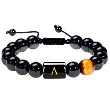 1pc Natural Black Agate 26 Letter Beaded Adjustable Braided Bracelet, Suitable For Various Occasions Like Festivals, Sports, Casual, Business Wear
