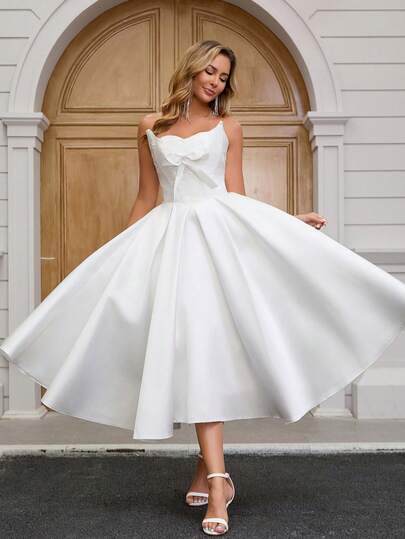 YUMIBRAVO 女士蝴蝶结装饰褶饰优雅露肩长款婚纱