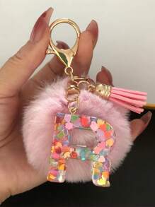 1 pieza Llavero con inicial de alfabeto, llavero de pompón de peluche lindo, accesorio colgante para bolso, mochila, coche, mujer y niña. Llavero de resina con lentejuelas, accesorios para billetera y bolso, llavero con borlas, inicial de alfabeto de la A a la Y, accesorios para coche, ideas de regalo de Navidad gótico y Y2K