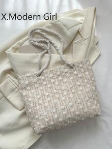 1 件通勤包草编包单肩包沙滩包便携式拉链闭合设计适合婚礼派对、节日、假日活动、娱乐、下午茶、海边度假约会等场合，时尚草编材质适合女性、女孩、母亲、女朋友、朋友、伴娘、学生、老师、母亲的礼物等日常使用，感恩的完美礼物，海边玩耍收纳袋 - 白色 - 查看 2