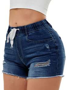 Women's Pocketed Distressed Elastic Drawstring Stretch Denim Shorts - Dark Wash - View 7