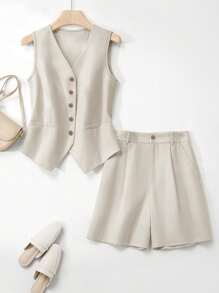 2pcs Women Casual Solid Color Elegant Button Front Pocket Vest & Shorts Set, Office Wear Early Autumn