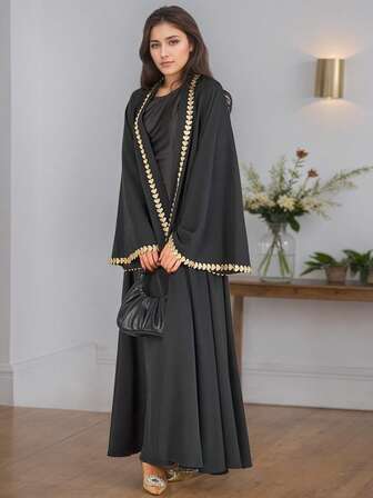 One Piece Women's Elegant 2025 Fashion Street Hearts Applique Open Abaya Dubai Islamic Clothing Muslim Long Sleeve Kimono Abaya Cardigan