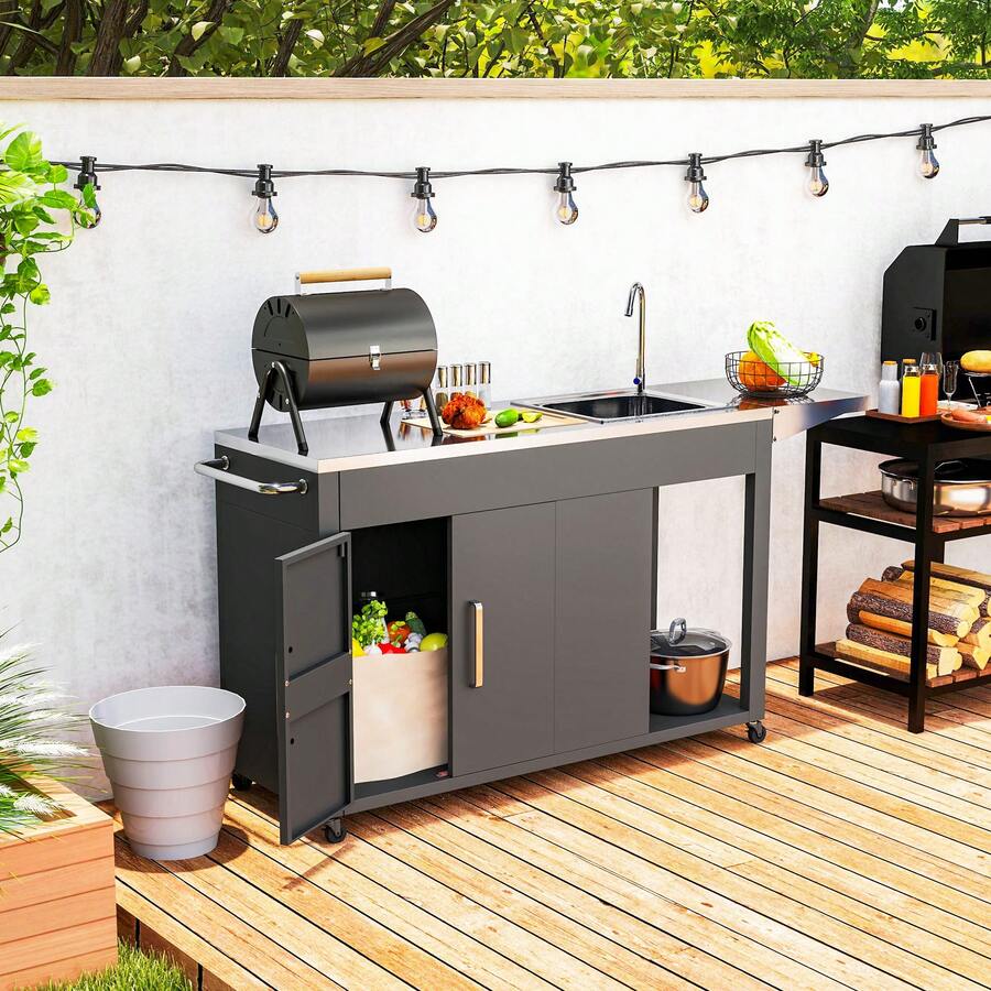 Outdoor Grill Table Grill Cart With Folding Side Table, Steel Sink - 灰色的 - 查看 1