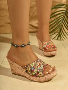 Bohemian Style Fashion Thick Platform High Heel Printed Open Toe Strap Wedge Sandals, Summer - Color - View 1