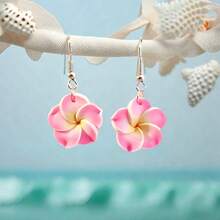 1 对夏威夷海滩度假风格粉色软粘土鸡蛋花吊坠耳环，甜美花朵设计，可爱的女士珠宝，适合女性日常佩戴、海滩度假、派对佩戴 - 彩色 - 查看 10