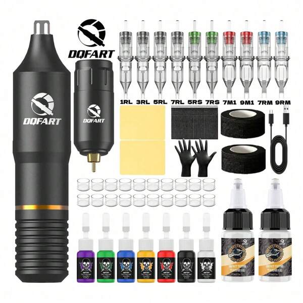 DQFART Kit de tatuaje inalámbrico para principiantes y artistas del tatuaje. Kit de tatuaje completo que incluye máquina de tatuaje, agujas de tatuaje, tinta de tatuaje, piel de práctica de tatuaje y una variedad de suministros de tatuaje.