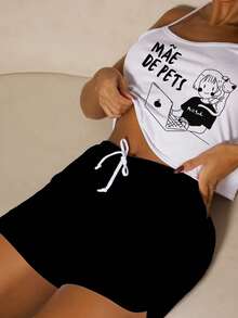 Women's White Cropped Pajama Set With Pet Mom And Black Shorts - trắng - Xem 3