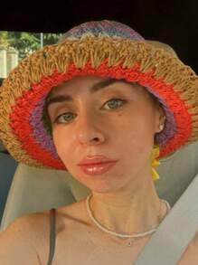 1 pièce Chapeau seau en paille rayé bicolore pour femmes, adapté pour le port quotidien, les sorties d'été et les vacances pour la protection solaire Boho