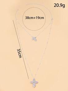 1pc Fashionable Floral Double Layer Crystal Rhinestone Pendant Long Necklace, Elegant Stage Accessories - Flower - View 5