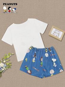SNOOPY Authorized PEANUTS Snoopy 2pcs/Set Printed T-Shirt And Shorts, Casual And Comfortable Home Sleepwear Set For Summer Outfit