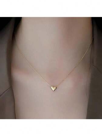 Golden Love Sterling Silver Pendant Necklace Light Luxury High-End Short Heart Collarbone Chain Women's Simple Necklace