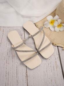Women's Fashion Diamond Embellished Flat Slip-On Slippers, Versatile For Beach, Casual Outings, Parties, Work - Beige - View 7