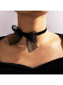1pc Girl's Black Bow Mesh Flower Choker Necklace
