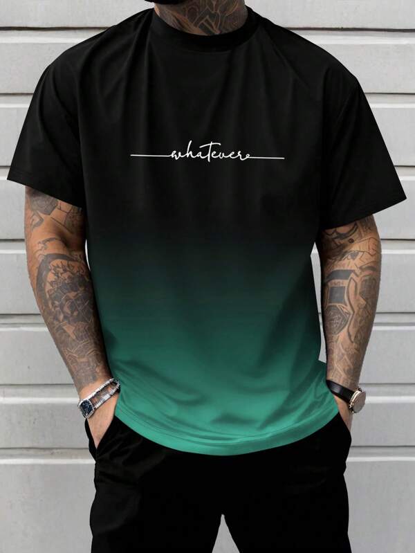 Plus Size Men Ombre Color Slogan Print Short Sleeve T-Shirt, Fashion