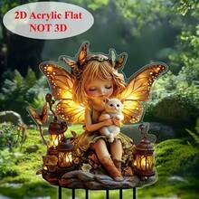 2D 平面，异想天开的 2D 亚克力仙女和猫花园桩，配有灯笼、蝴蝶和发光效果 - 非常适合户外装饰、母亲节、春季庆典和花园展示、仙女花园装饰、春季装饰、神奇氛围、发光元素、2D 平面 - 薑色 - 查看 3