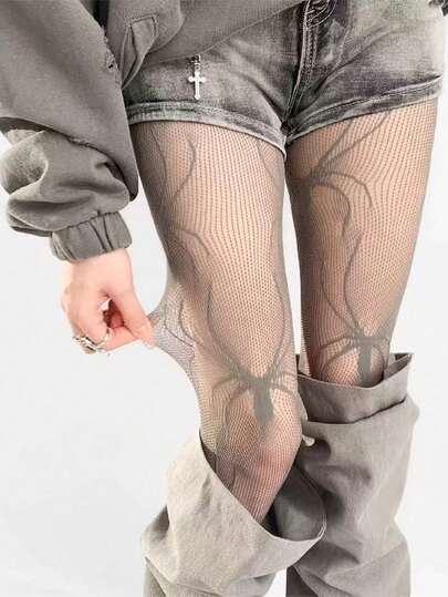 1 件女士洛丽塔蜘蛛蕾丝拼接透明连裤袜，个性化时尚长筒袜