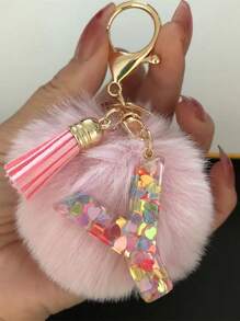 1 Pç Chaveiro de Pelúcia com Letra Inicial do Alfabeto, Chaveiro de Pelúcia com Pompom, Pingente para Bolsa, Mochila, Pingente para Carro, Presente para Mulheres e Meninas, Chaveiro de Resina com Lantejoulas, Acessórios para Carteira e Bolsa, Chaveiro com Borlas, Letra Inicial do Alfabeto A-Y, Escola