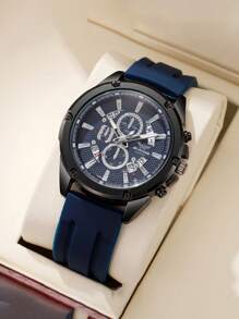 1 pieza Reloj de cuarzo analógico con diseño de doble esfera falsa, correa de silicona de escala metálica plateada, moda para hombres de negocios y jóvenes