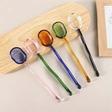 5件套波浪纹透明彩色玻璃甜点勺（粉色/绿色/蓝色/黄色/黑色）、耐热玻璃奶茶勺、可爱长柄咖啡搅拌棒 返校季