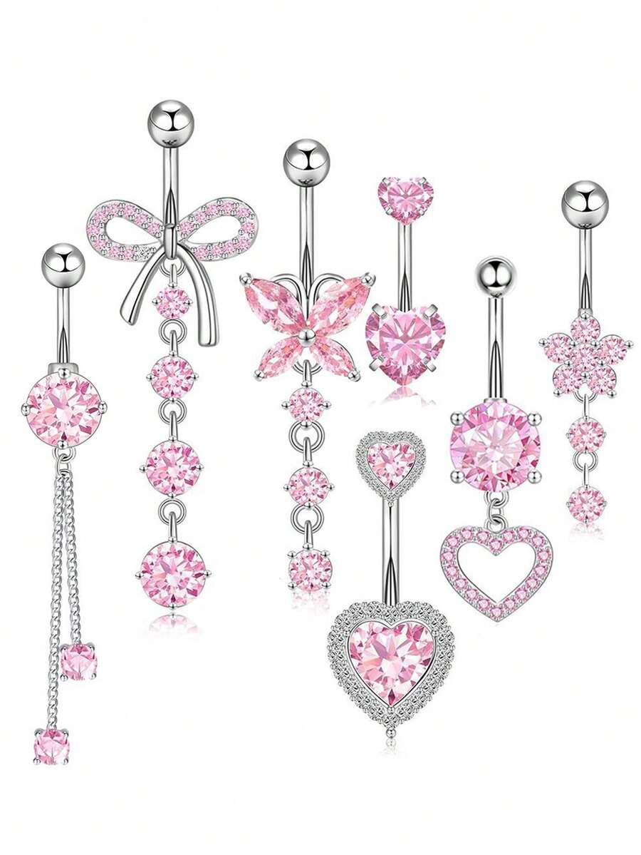 7 PCS Pink Butterfly, Flower, Heart Shaped Stainless Steel Navel Rings, Piercing Jewelry Suitable For Daily Wear - Belly ring - View 1