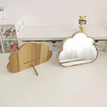 1pc Wooden Cloud Shaped Mirror, High Definition Glass Mirror Surface, Desktop Makeup Mirror, Large Size For Student Dormitory, Portable