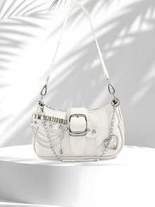 Y2K 风格小号单肩包磁性密封，PU 材质，涤纶衬里，链条肩带，朋克风格设计，非常适合购物和拍照。