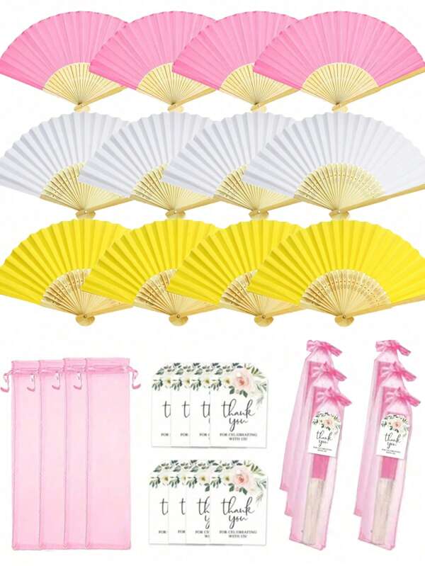 Set de 30 piezas/15 piezas de abanicos plegables de bambú rosa de estilo tradicional chino, elegantes y vintage, incluye tarjetas de agradecimiento y cintas de organza, adecuado para bodas, despedidas de soltera, cumpleaños, conmemoraciones, decoración al aire libre, regalos de fiesta DIY y decoraciones para fiestas festivas