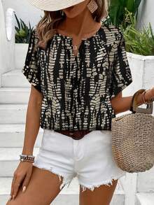 Plus Size Women V-Neck Short Sleeve Allover Print Blouse - Black - View 5