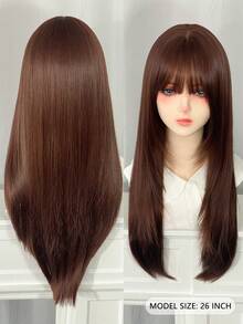 26 Inch Burnt Orange Straight Wig With Full Bangs - American Style Dirty Rust Copper Long Hair - Heat Resistant Synthetic Fiber With Rose Net Cap - Sunset Tone For All Skin Tones (Daily & Party) - Dirty Orange - View 7